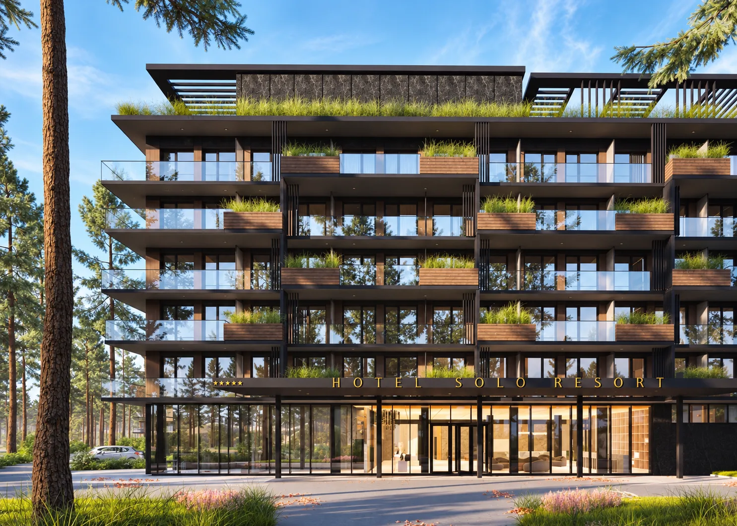 Solo Resort — wizualizacja elewacji frontowej hotelu